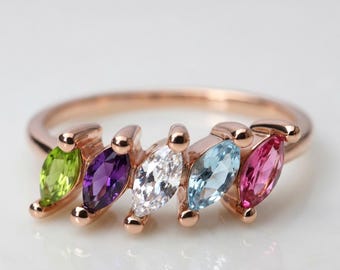 Personalized Marquise Birthstone Ring, Rose Gold Family Jewelry, Minimalist Stackable Ring