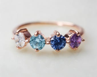Personalized Rose Gold Birthstone Ring, Custom Family Jewelry, Minimalist Stackable Gift
