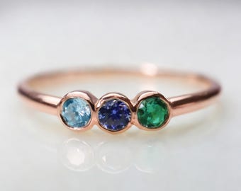Personalized 3 Birthstone Ring, Rose Gold Family Band, Minimalist Stackable Keepsake