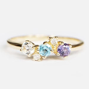 14k Gold Triple Round Birthstone Ring with Diamonds – Choose Your Birthstone – Custom Family Ring - Celestial Jewelry for Her - Gift
