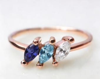 Personalized Marquise Birthstone Ring, Rose Gold Family Jewelry, Minimalist Stackable Ring