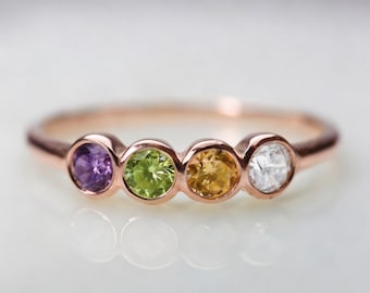 Personalized Rose Gold Birthstone Ring, Minimalist Stacking Band, Custom Family Jewelry