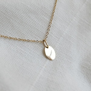 14k Gold Initial Necklace, Personalized Letter Pendant Necklace, Dainty Oval Disc Necklace, Custom Engraved Jewelry Gift for Her