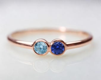 Rose Gold 14k Solid Gold Ring, Two Custom Birthstones, Minimalist Band