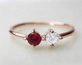 Personalized Two Birthstone Ring, Rose Gold Minimalist Jewelry