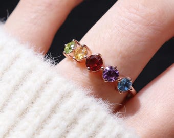 Personalized Rose Gold Family Birthstone Ring, Stackable Custom Gemstone Jewelry