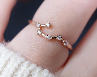 Anillo Géminis de oro de 14k con diamantes, joyería astrológica personalizada, regalo personalizado