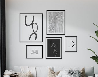 Black and White Wall Art, Printable Gallery Wall, Contemporary Collage Art Set of 5 Abstract Prints, Living Room Wall Decor, Digital Art Set