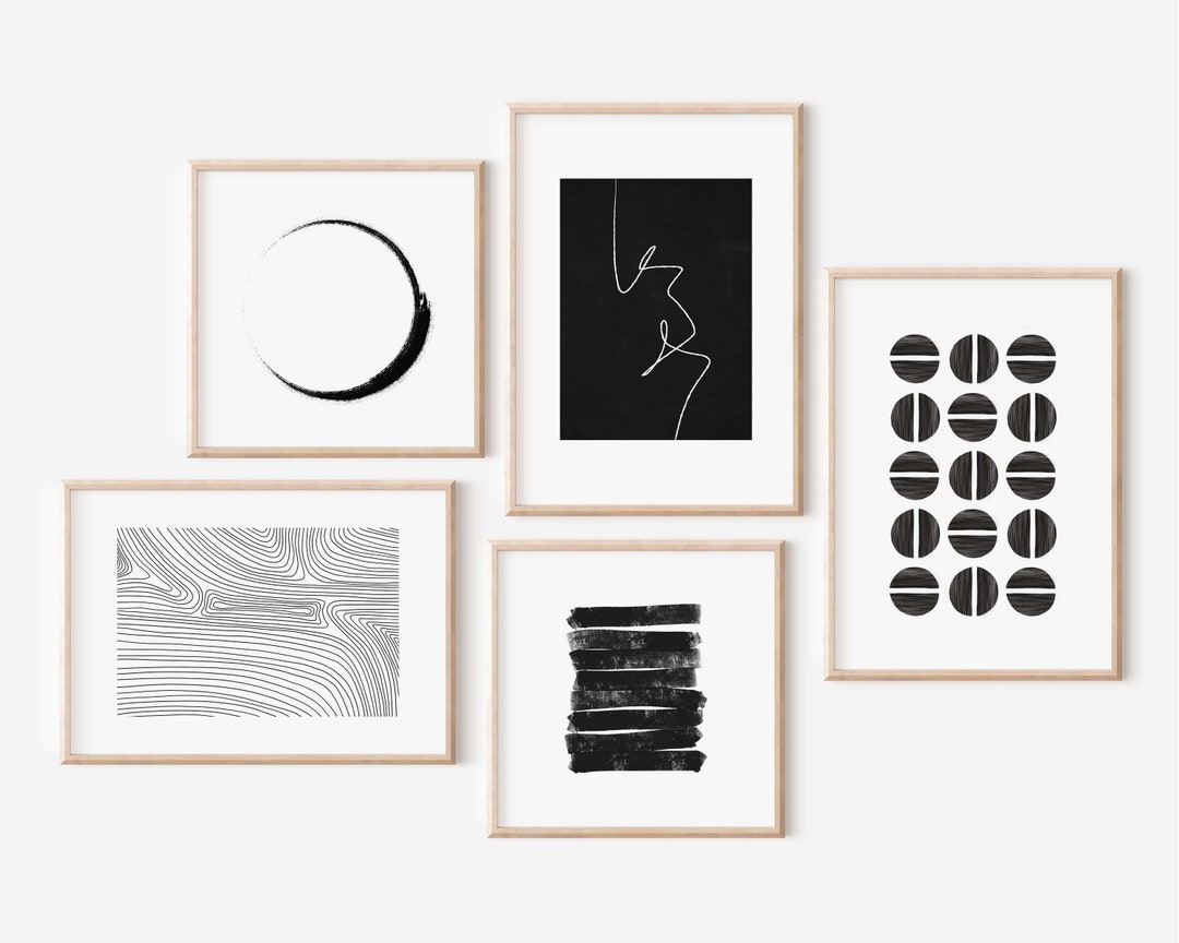 Minimalist Set of 5 Prints, Black and White Abstract Gallery Wall Art ...
