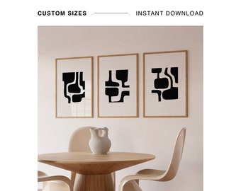 Paquete de 3 impresiones abstractas minimalistas en blanco y negro, conjunto BW de 3 impresiones, conjunto de arte de pared moderno, decoración casera contemporánea, descarga instantánea