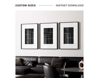 Impresión de pared minimalista en blanco y negro de moda moderna, conjunto de 3 impresiones simples, descarga digital, decoración de pared contemporánea, arte abstracto