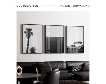 Conjunto de 3 impresiones de la costa en blanco y negro, arte de la pared de la fotografía, conjunto de impresiones del océano, cartel de playa imprimible digital, impresiones minimalistas de la sala de estar