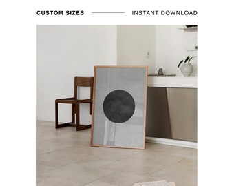 Impresión de eclipse, impresión de luna llena, luna abstracta imprimible, arte geométrico monocromo, impresión gris minimalista, arte de pared de galería minimalista