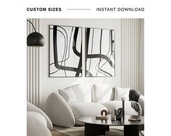 Conjunto de 2 impresiones, arte minimalista, decoración de pared escandinava, arte de pared contemporáneo, imprimible en blanco y negro, descarga digital, líneas abstractas