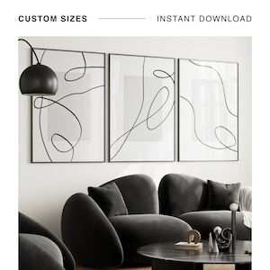 Juego de 3 impresiones abstractas de una sola línea, trío minimalista de impresiones de pared en blanco y negro, arte de sala de estar en tonos neutros, impresión de arte de pared de galería de moda