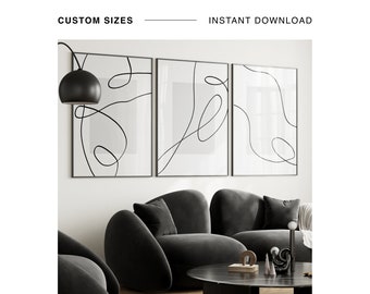 Juego de 3 impresiones abstractas de una sola línea, trío minimalista de impresiones de pared en blanco y negro, arte de sala de estar en tonos neutros, impresión de arte de pared de galería de moda