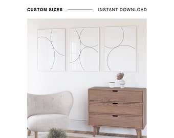 Conjunto de 3 impresiones abstractas en blanco y negro, trío de arte de pared imprimible geométrico, arte de línea simple, impresiones de arte de pared de sala de estar moderna