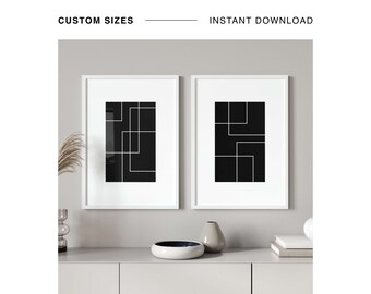 Impresiones de pared minimalistas en blanco y negro de moda modernas, conjunto de 2 impresiones geométricas simples, decoración de la pared de la sala de estar, impresión de arte contemporáneo