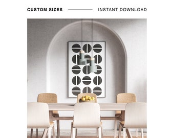 Impresión de círculos en blanco y negro, impresión geométrica minimalista, decoración de pared escandinava, decoración contemporánea del hogar, arte de círculos, descarga digital