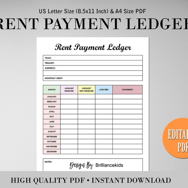 Editable Rent Payment Ledger, Monthly Yearly Rent Payment Tracker, Rental Payment Tracker, Rental Payments Ledger, Printable Pdf, Letter A4