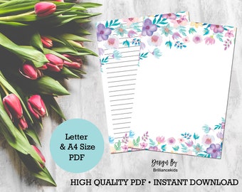 Floral Writing Paper Printable, Stationery paper, letter writing, Us Letter and A4 size, watercolor flowers, instant download, Printable DD2