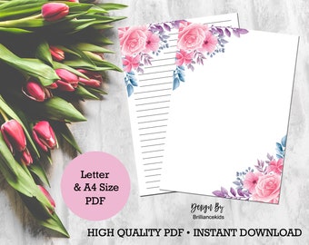 Floral Writing Paper Printable, Stationery paper, letter writing, Us Letter and A4 size, watercolor flowers, instant download, Printable DD7