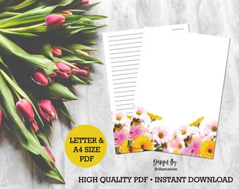 Floral Writing Paper Printable, Stationery paper, letter writing, Us Letter and A4 size, watercolor flowers, instant download, Printable DD5