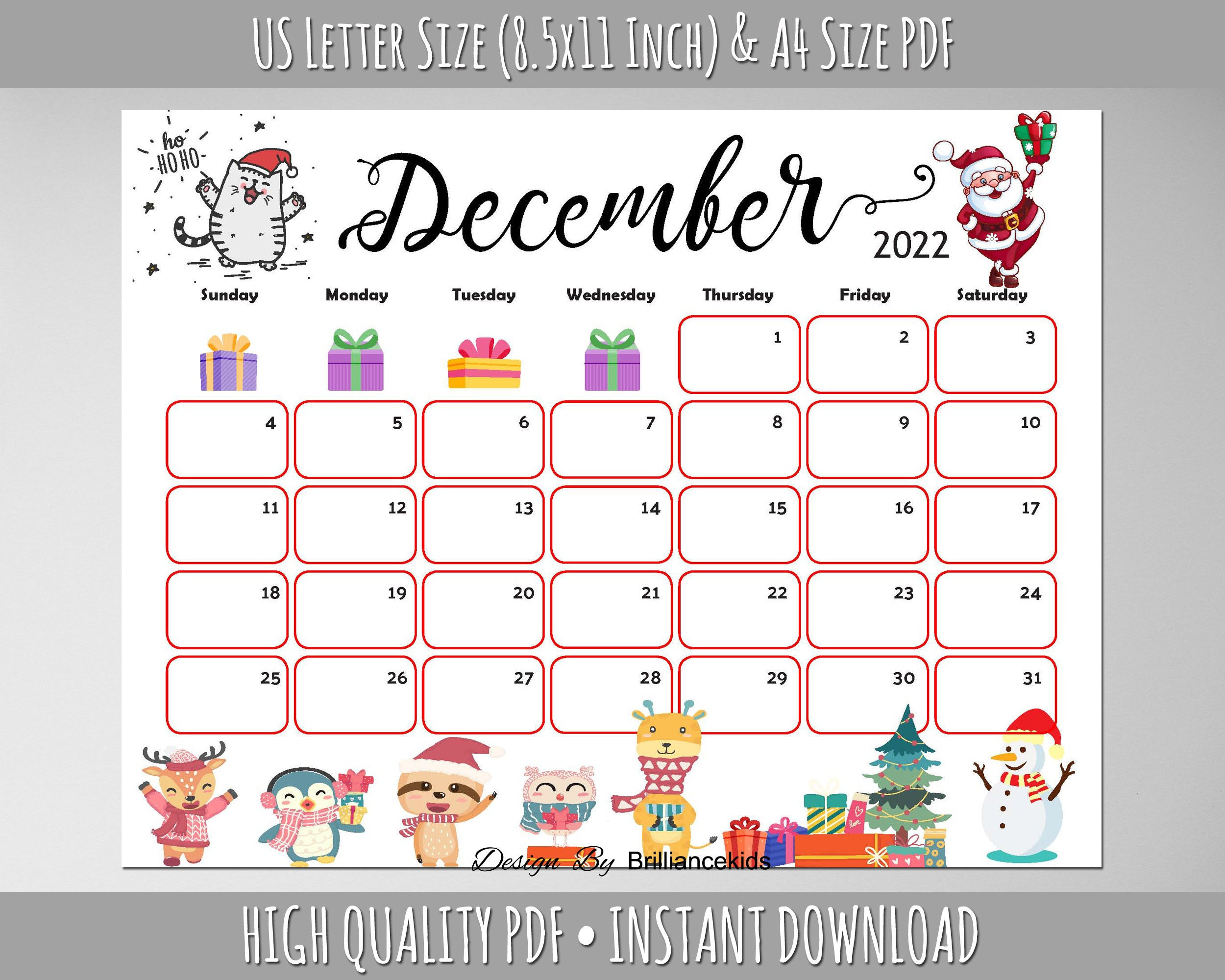 2017 December Calendar Editable