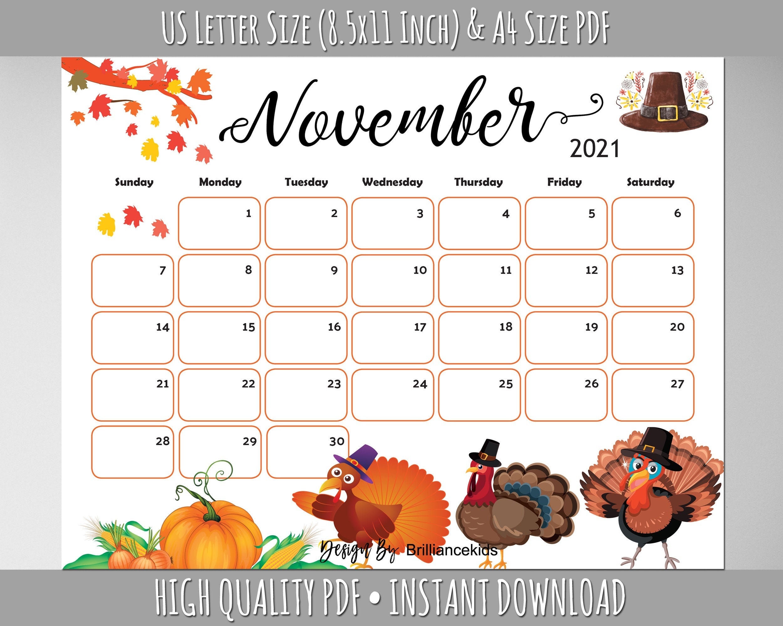 Cute November Calendar Customize And Print