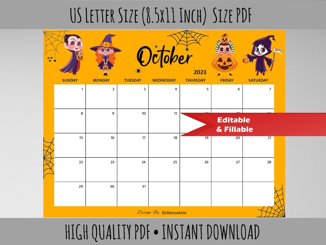 Editable October Month Calendar 2023, Halloween Planner, Printable,  Pumpkin, Spiders Webs, Boo Ghost, Kids, Cute Halloween Planner Printable -  Etsy