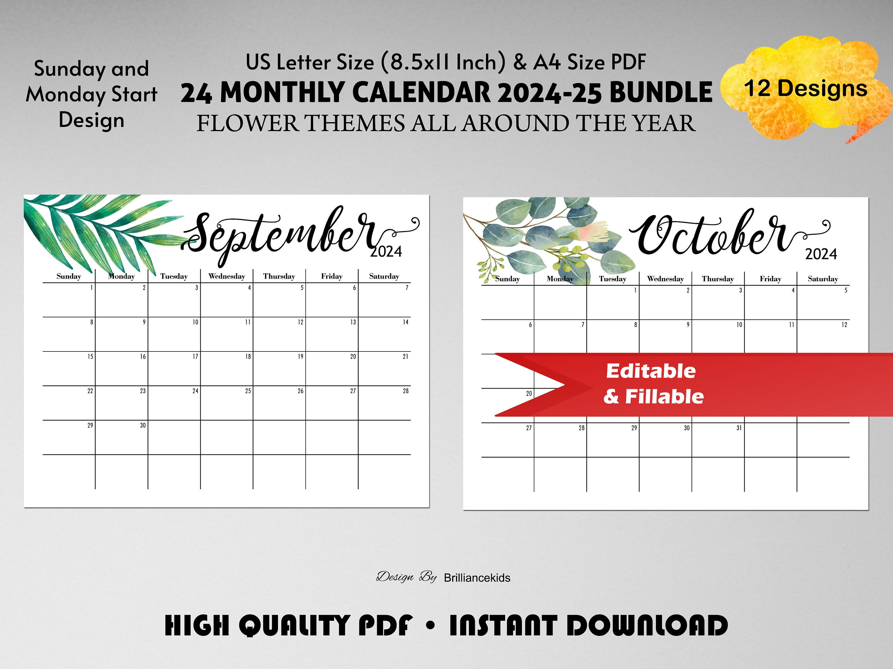 20242025 Calendar Editable Printable, Monthly Calendar, Botanical
