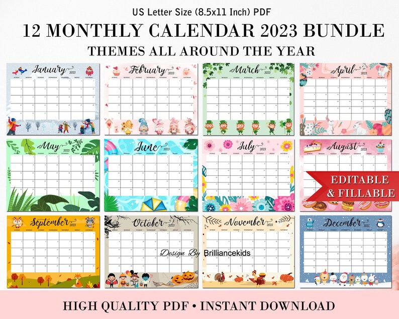 Editable Monthly Calendar 2023 Bundle Cute Beautiful Fillable - Etsy