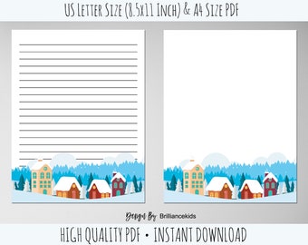Christmas Stationery Writing Paper - Printable Stationary Paper Digital Paper Instant Download Letter & A4 Size Winter Scene Village Scenery
