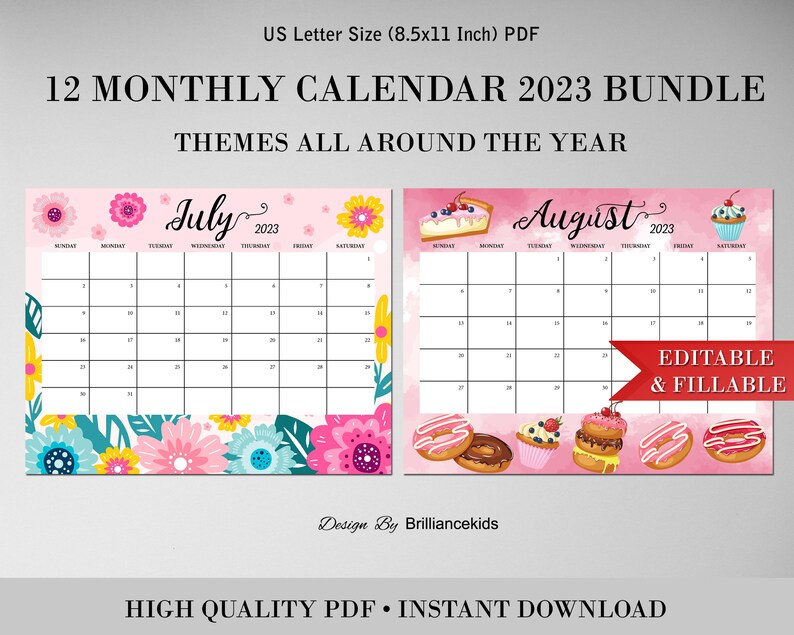 Editable Monthly Calendar 2023 Bundle Cute Beautiful Fillable - Etsy Canada