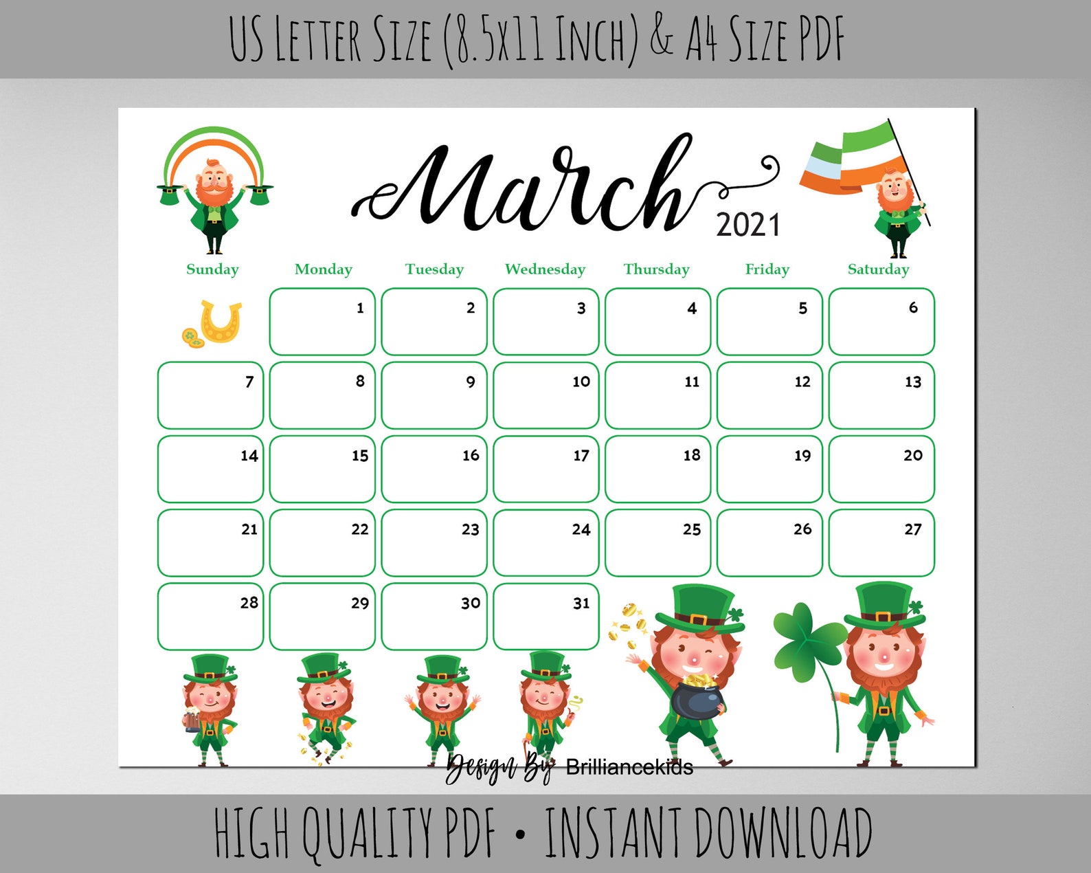 March Month Calendar 2021 St Patrick Day Kids Planner Etsy