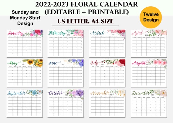 2022 2023 Floral Calendar Editable Printable Monthly - Etsy Finland