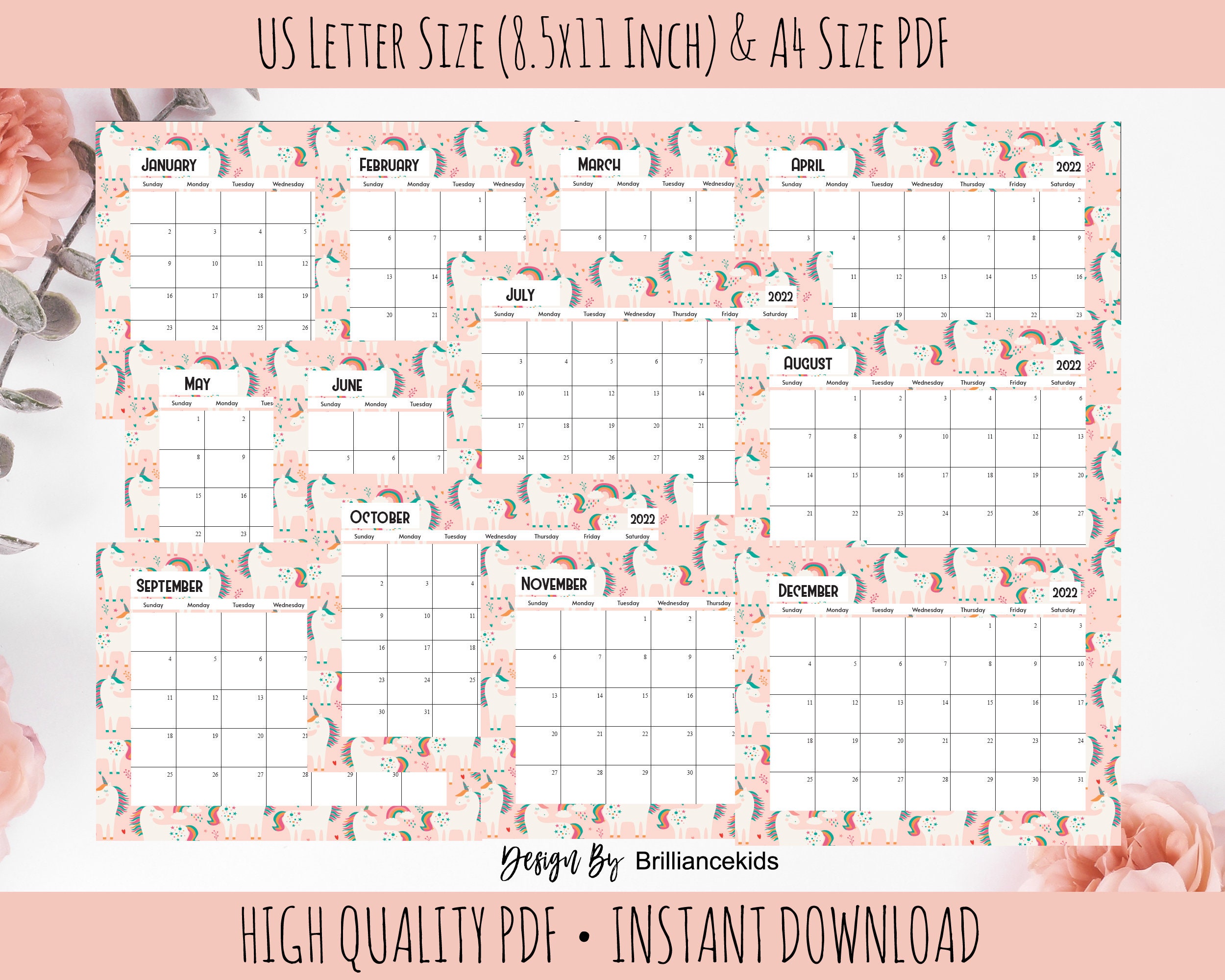 2021 printable calendar 2021 2022 unicorn planner kids etsy