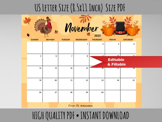Editable November Month Calendar 2023, Fall Planner, Printable, Turkey,  Hat, Pumpkin, Thanksgiving, Cute Festive Planner, Planner Insert - Etsy