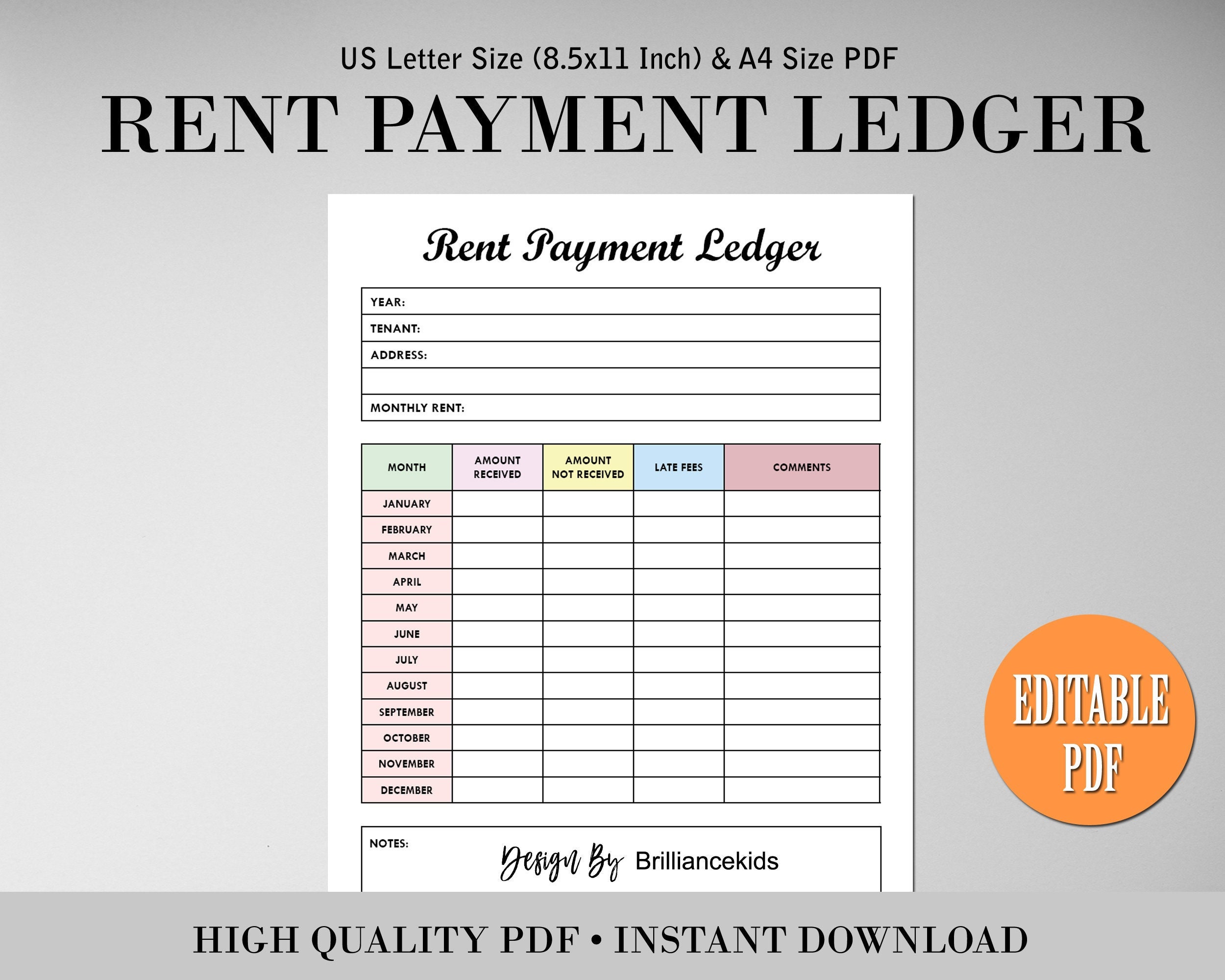 Editable Rent Payment Ledger Monthly Yearly Rent (Instant Download) Etsy