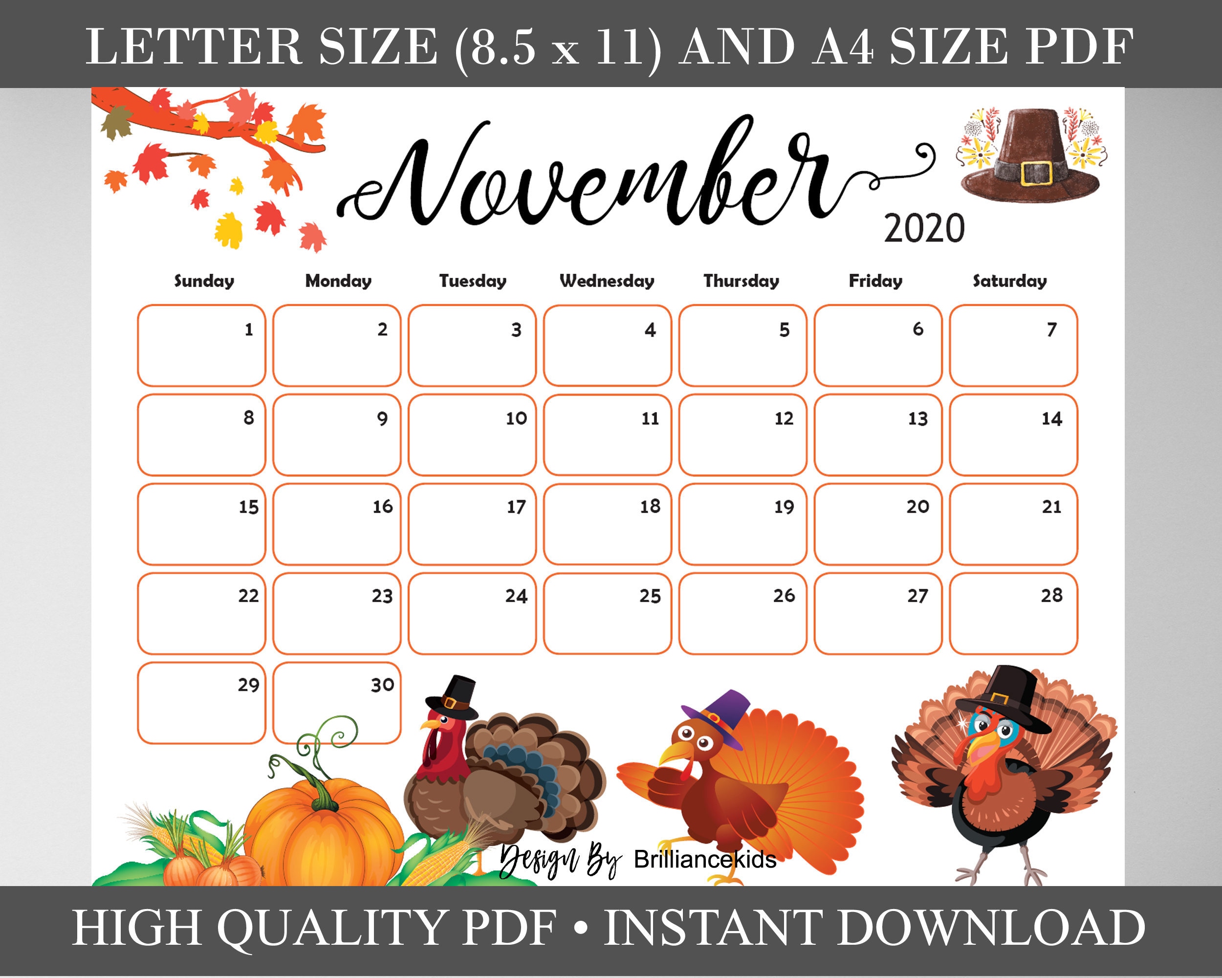 november-month-calendar-2020-fall-planner-printable-turkey-etsy