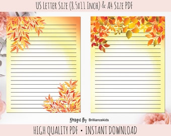 Autumn Leaves Stationery Writing Paper - Printable Stationary Paper Digital Paper Instant Download US Letter & A4 Size - Thanksgiving Paper