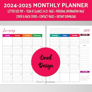 Monthly Planner 2024, 2025 Inserts, Dated Monthly Calendar Printable, Letter Size, Planner Printable, Sunday Start, Month on 2 Pages Lined