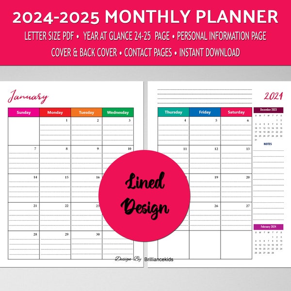 Monthly Planner 2024, 2025 Inserts, Dated Monthly Calendar Printable, Letter Size, Planner Printable, Sunday Start, Month on 2 Pages Lined