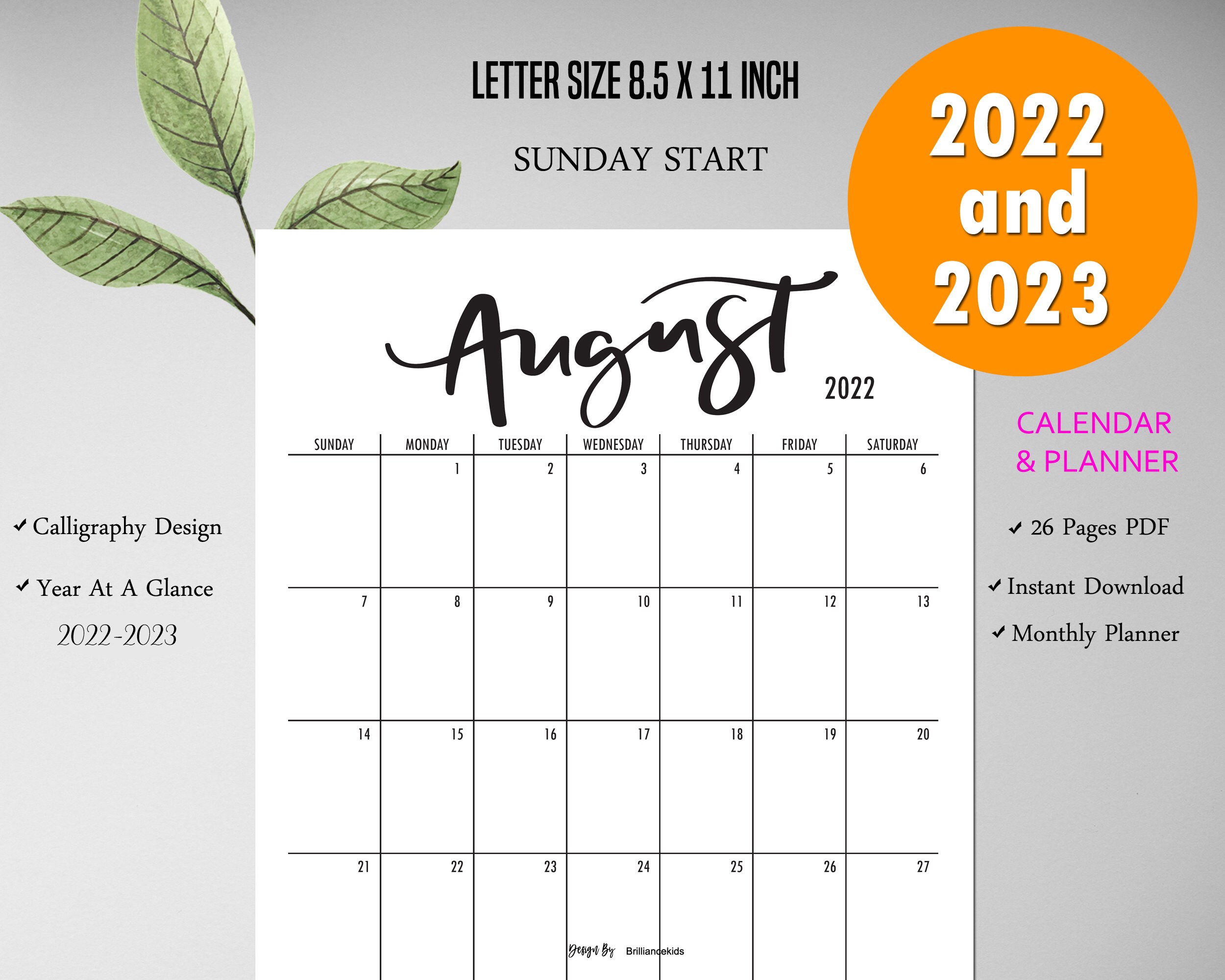 Purchase Calendar 2023 2022 2023 Calendar Printable Planner Sunday Start Letter | Etsy India