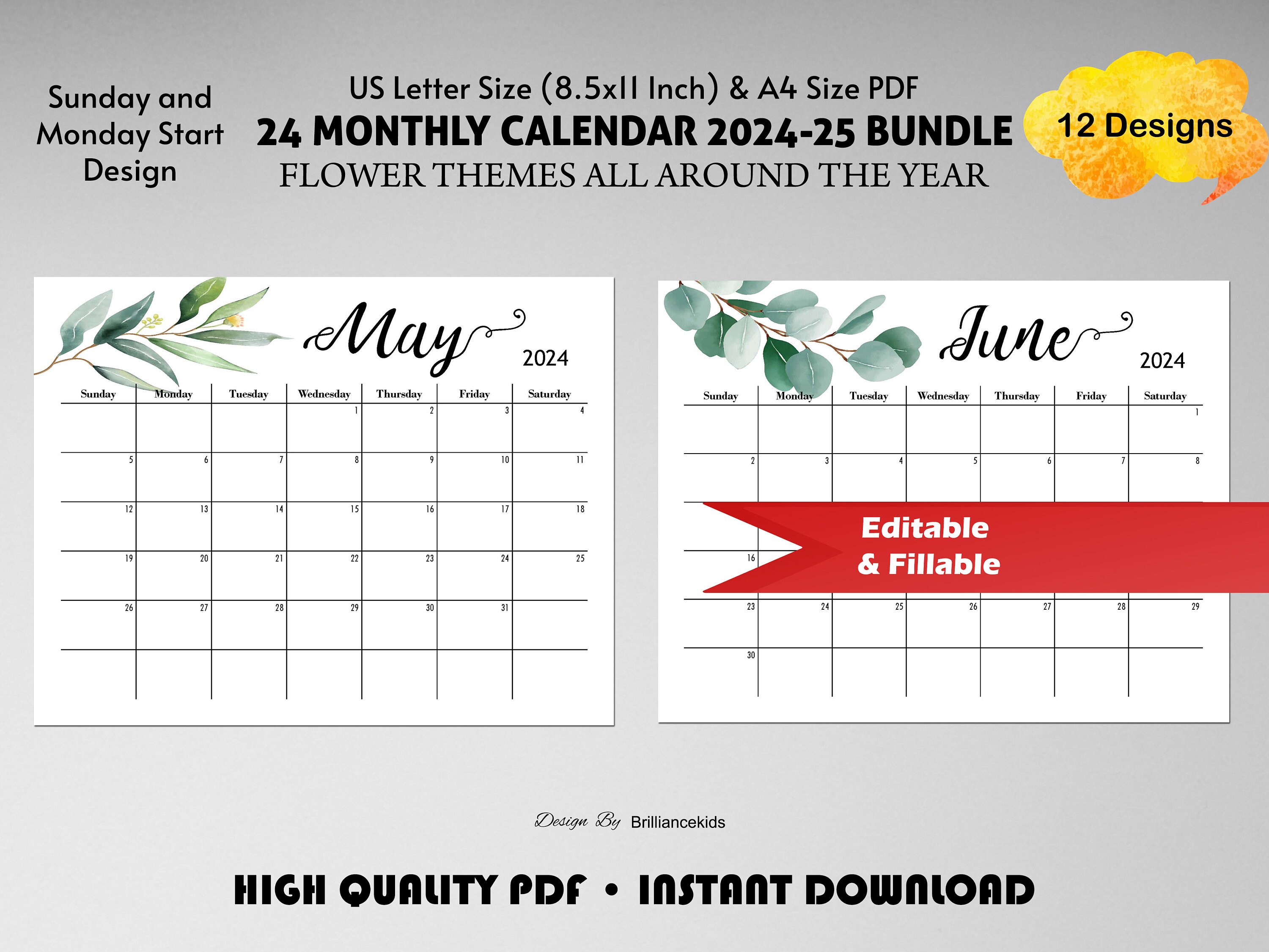 20242025 Calendar Editable Printable, Monthly Calendar, Botanical