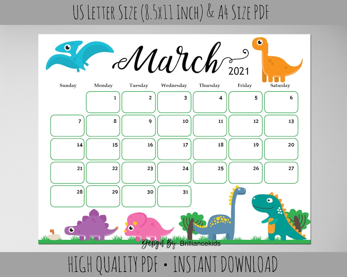 March Month Calendar 2021 Dinosaur Kids Planner Calendar | Etsy