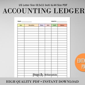 Editable Printable Accounting Ledger, Printable Bookkeeping, Log for ...