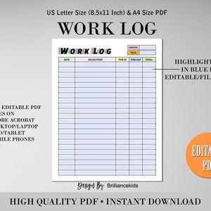 Editable Work Log Printable, Work Task Log, Time Spent Tracker ...