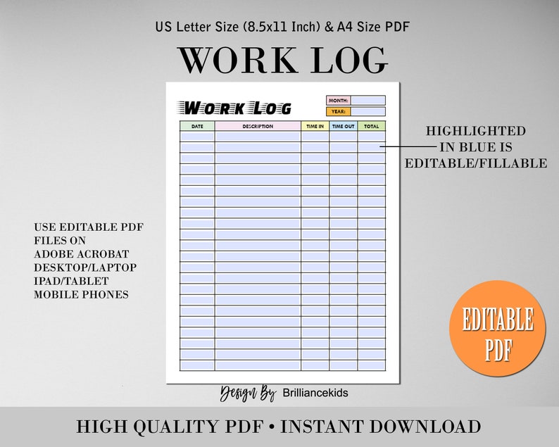Editable Work Log Printable Work Task Log Time Spent - Etsy Australia