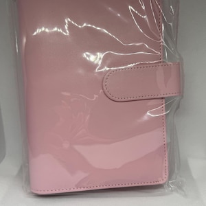 May include: A pink, leather-like planner or notebook, sealed in clear plastic. The cover has a smooth, glossy finish and a matching tab closure. The edges are neatly stitched. The planner is designed for organization and note-taking.